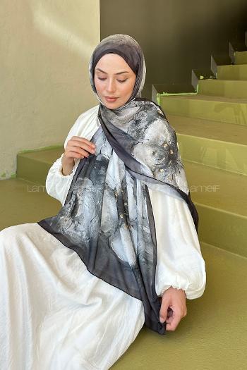 Lamelif Bohem Çiçek Desen Soft Şal Siyah Kahverengi