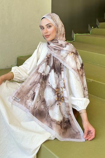 Lamelif Bohem Çiçek Desen Soft Şal Vizon