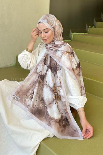 Lamelif Bohem Çiçek Desen Soft Şal Vizon