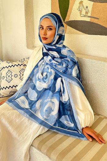 Lamelif Çiçek Desen Pamuk Şal Bebe Mavi