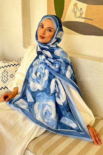 Lamelif Çiçek Desen Pamuk Şal Bebe Mavi