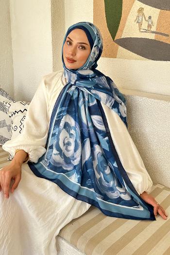 Lamelif Çiçek Desen Pamuk Şal Gece Mavisi