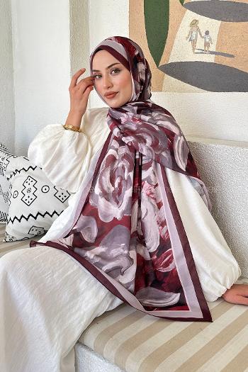 Lamelif Çiçek Desen Pamuk Şal Koyu Bordo
