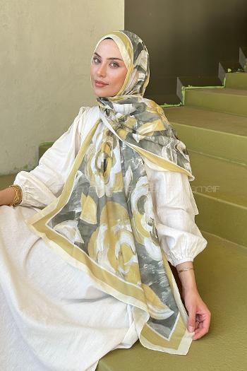 Lamelif Çiçek Desen Pamuk Şal Sarı