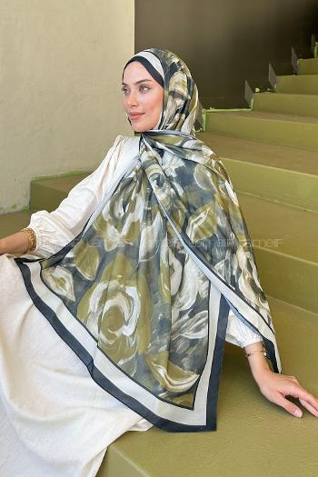 Lamelif Çiçek Desen Pamuk Şal Yağ Yeşili