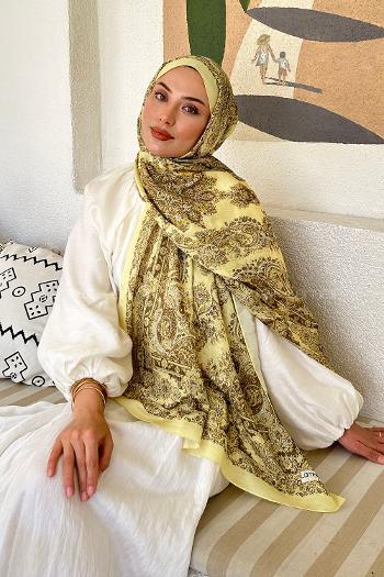 Lamelif Retro Desen Soft Şal Sarı