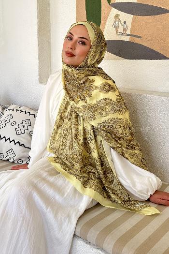 Lamelif Retro Desen Soft Şal Sarı