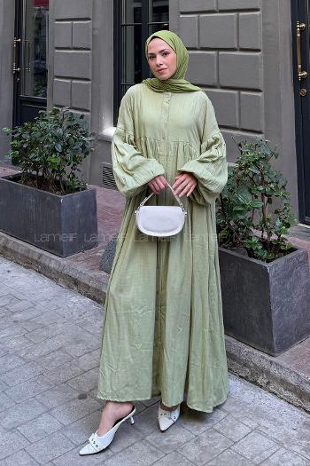 Lamelif Balon Kol Uzun Tesettür Elbise Mint Yeşili