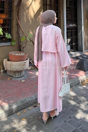 Pink Crew Neck Long Arm Linen Flare Suit