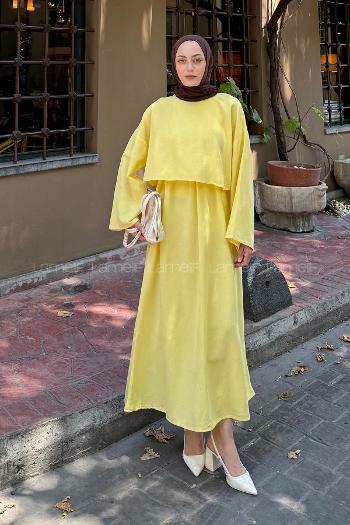 Yellow Crew Neck Long Arm Linen Flare Suit