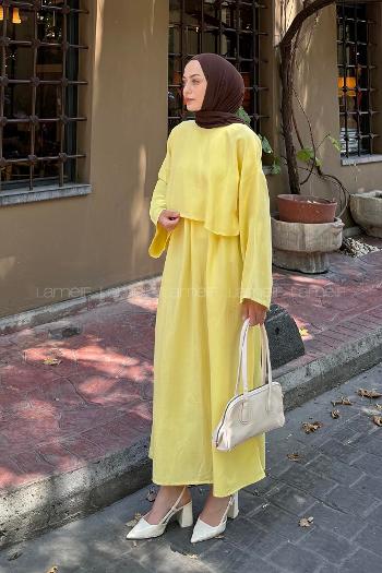 Yellow Crew Neck Long Arm Linen Flare Suit
