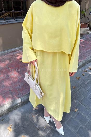 Yellow Crew Neck Long Arm Linen Flare Suit