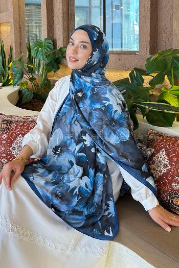 Lamelif Çiçek Desen Bambu Şal Gece Mavisi
