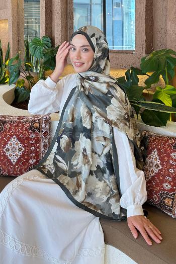 Khaki Cotton Fabric Flowering Printed Shawl