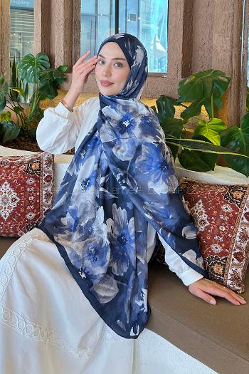 Navy Blue Cotton Fabric Flowering Printed Shawl