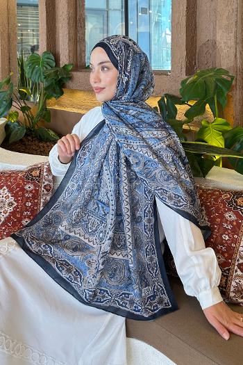 Lamelif Retro Desen Pamuk Şal Lacivert