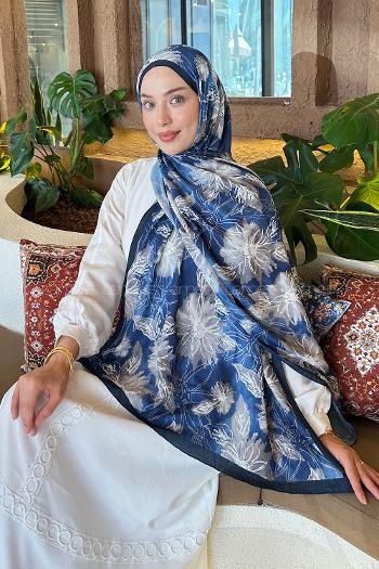 Lamelif Sarmaşık Desen Bambu Şal Lacivert