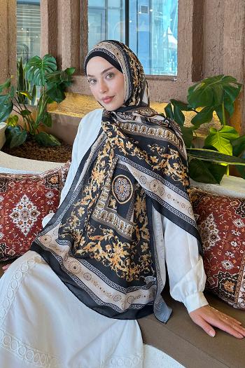 Lamelif Versa Desen Pamuk Şal Siyah Bej