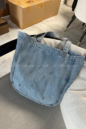 Lamelif Yıkamalı Düz Taş İşlemeli Kot Cırt Kapamalı Çanta