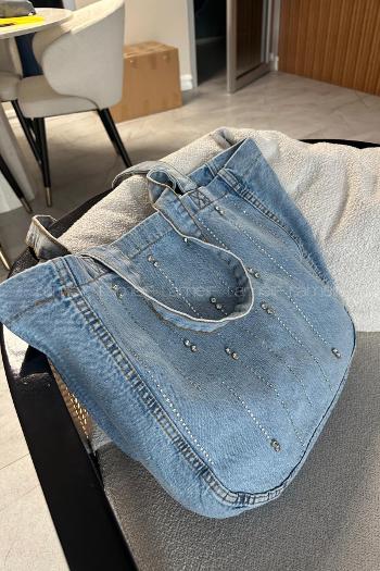 Lamelif Yıkamalı Düz Taş İşlemeli Kot Cırt Kapamalı Çanta