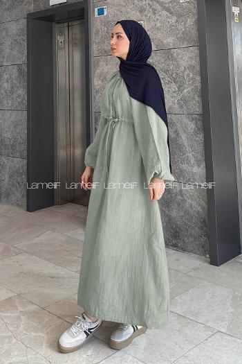 Lamelif Balon Kol Bağlamalı Tesettür Elbise Çağla Yeşili