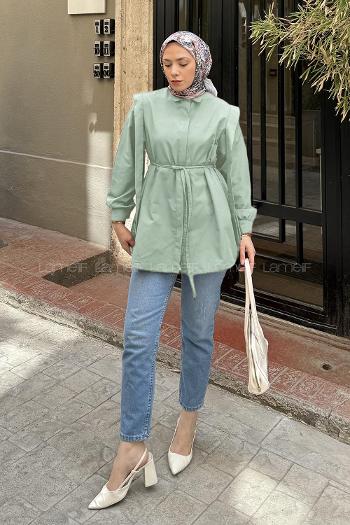 Lamelif Bel Bağlamalı Omuz Vatkalı Gömlek Mint Yeşili