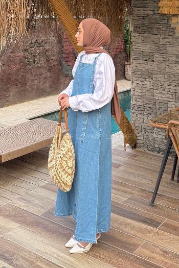 Lamelif Askılı Denim Salopet Elbise Mavi