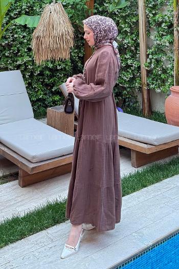Lamelif Bel Büzgülü Tesettür Elbise  Acı Kahve