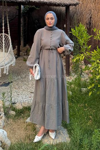 Gray Crew Neck Linen Dresess