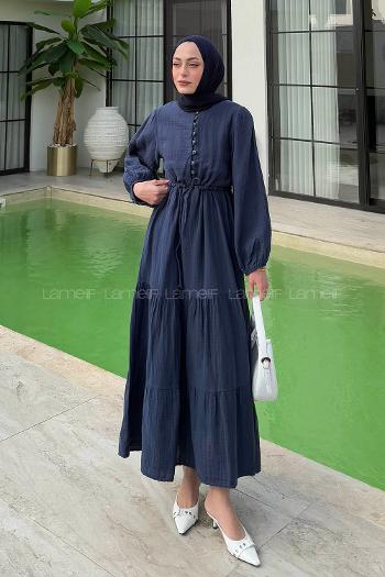 Lamelif Bel Büzgülü Tesettür Elbise  Lacivert