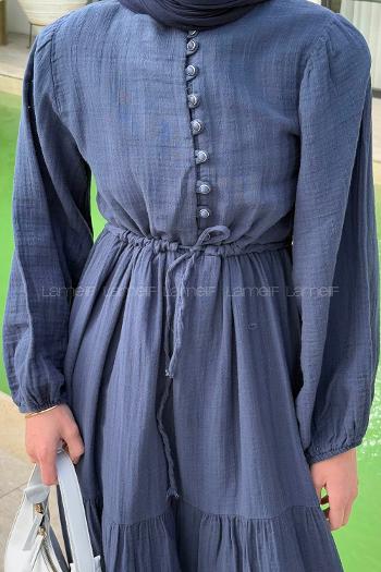 Lamelif Bel Büzgülü Tesettür Elbise  Lacivert