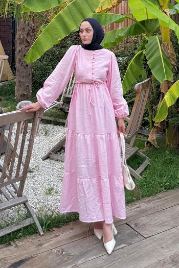 Lamelif Bel Büzgülü Tesettür Elbise  Pembe
