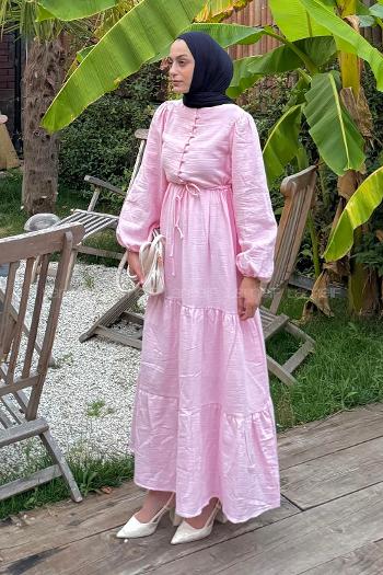 Lamelif Bel Büzgülü Tesettür Elbise  Pembe