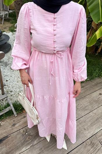 Lamelif Bel Büzgülü Tesettür Elbise  Pembe
