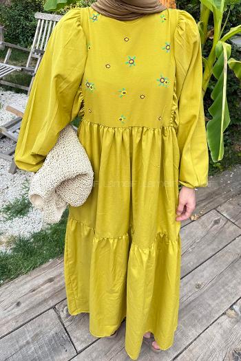 Lamelif Elica Tesettür Elbise Yağ Yeşili