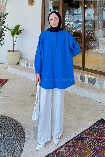 Lamelif Kol Detaylı Gömlek Saks Mavisi