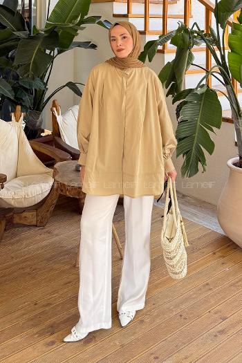 Lamelif Manşeti Biyeli Tunik Krem