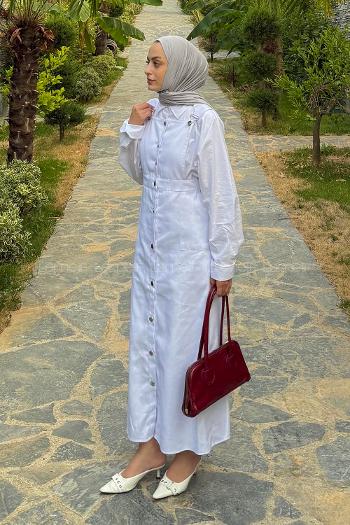 Lamelif Önü Boydan Düğmeli Salopet Beyaz