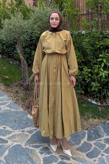 Lamelif Pat Detaylı Tesettür Elbise Hardal Sarısı