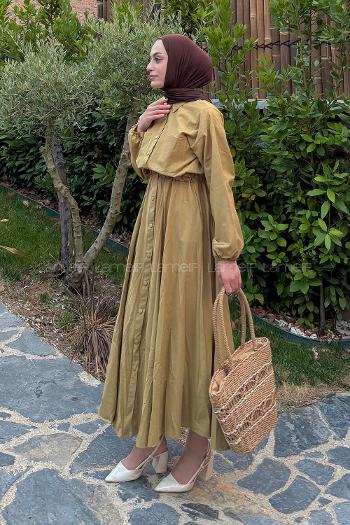 Lamelif Pat Detaylı Tesettür Elbise Hardal Sarısı