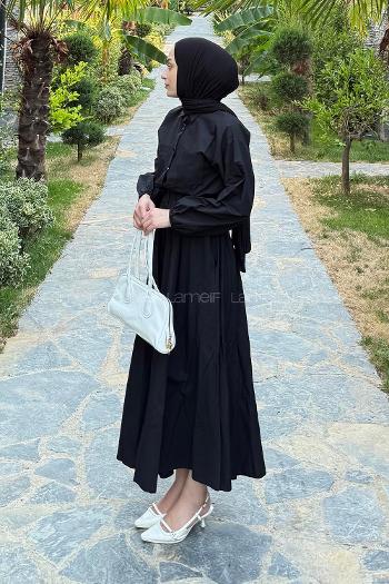 Lamelif Pat Detaylı Tesettür Elbise Siyah