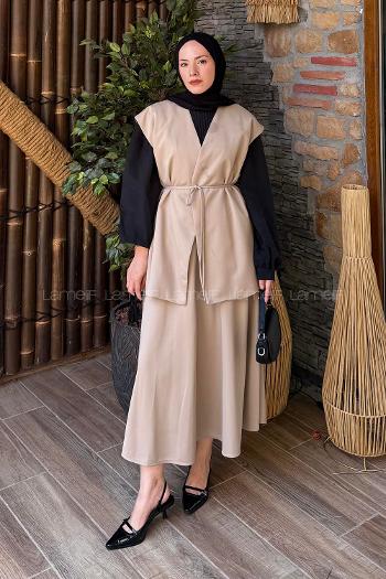 Lamelif Yelek-Etek İkili Tesettür Takım Vizonrengi