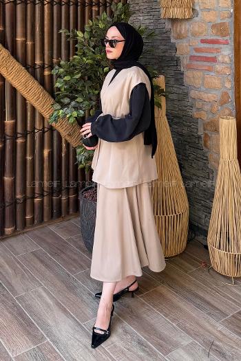 Lamelif Yelek-Etek İkili Tesettür Takım Vizonrengi