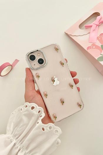 Lamelif ıPhone 13-14 Şeffaf Gül Kabartmalı Telefon Kılıfı