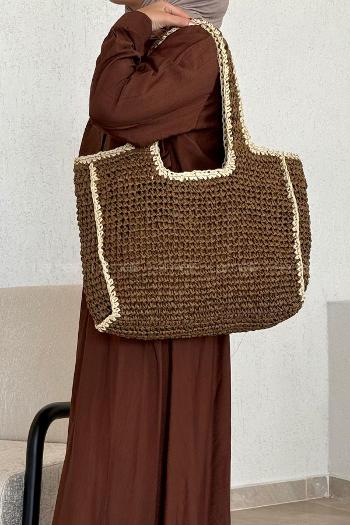 Lamelif Şerit Detay Astarlı Örgü Hasır Plaj Çantası Kahverengi