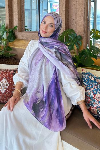 Lamelif Sulu Boya Desen Soft Şal Mor Lila