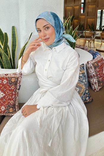 Lamelif Batik Çiçek Desen Soft Eşarp Çağla Yeşili Mavi