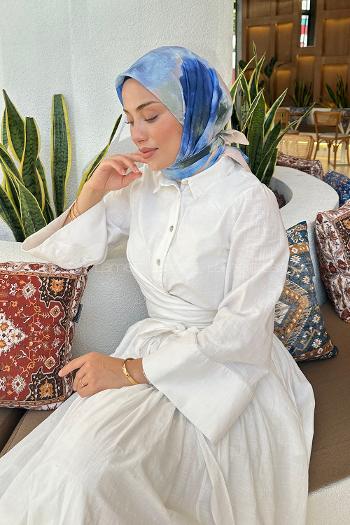 Lamelif Batik Çiçek Desen Soft Eşarp Mavi Bej