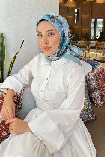 Lamelif Çiçek Desen Soft Eşarp Çağla Yeşili