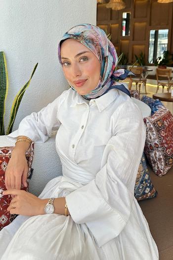 Lamelif Çiçek Desen Soft Eşarp Gece Mavisi